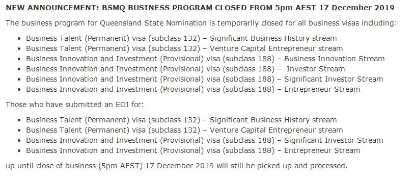 【澳洲】昆州所有商业移民类别项目暂时关闭